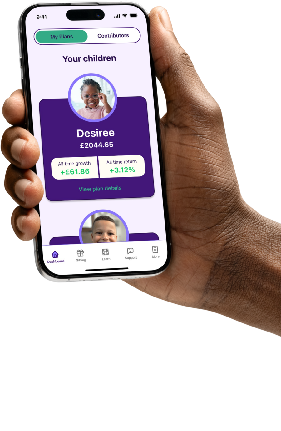 Hand holding a phone open on First Portfolio children's plans